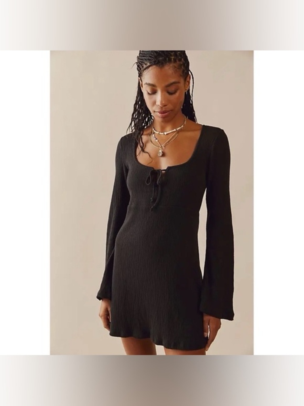 FREE PEOPLE BEACH black long sleeve Brynne open back mini dress, Size L